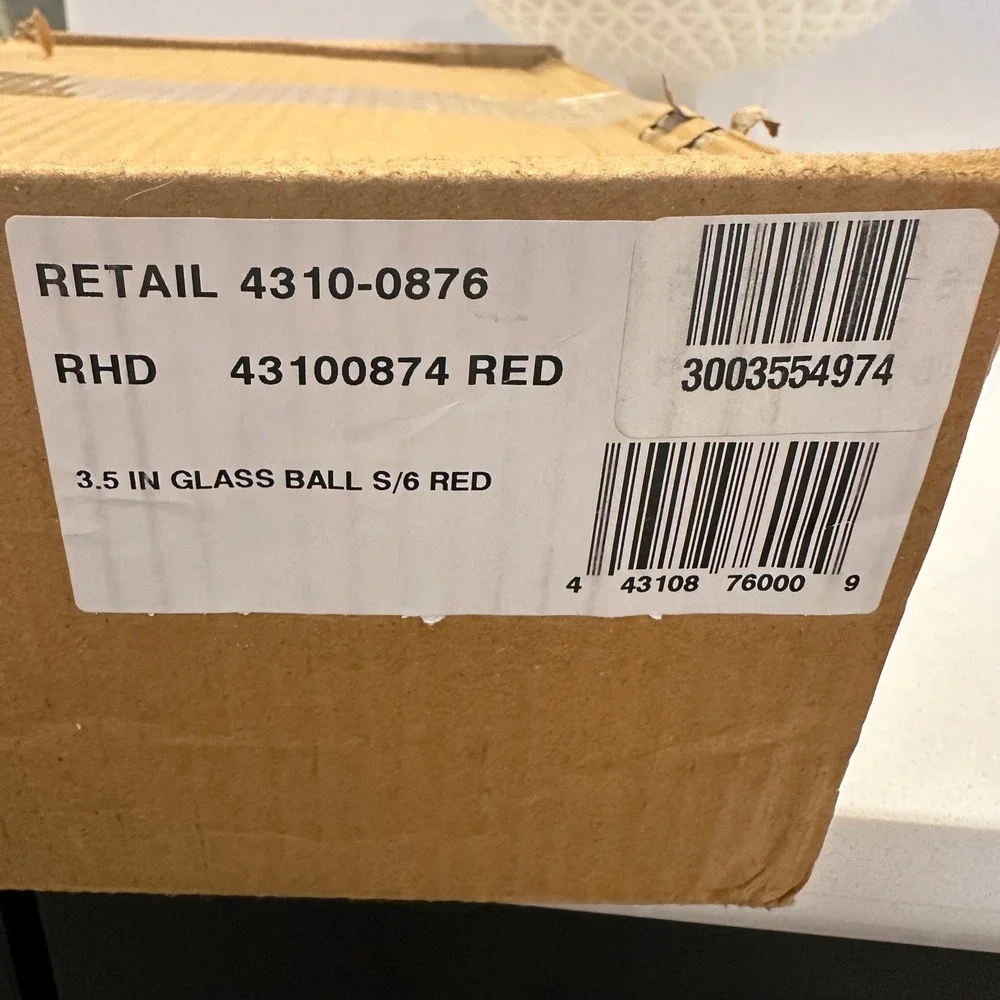 Restoration Hardware Red Crackle Glass Christmas Ornaments Set of 6 Brass Top‎